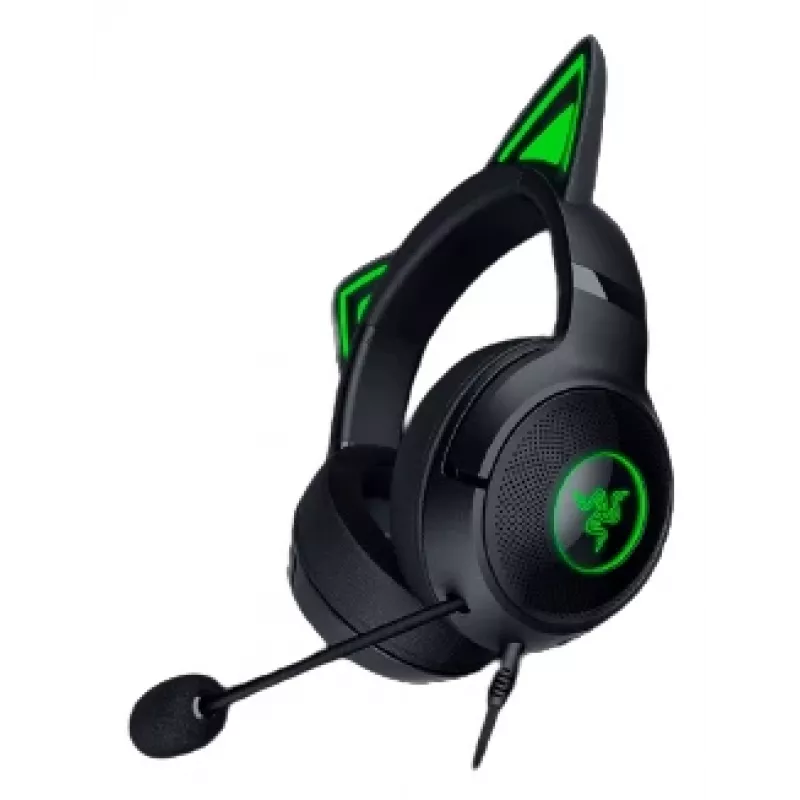 Kraken Kitty V2 - Black, Gaming headset, Kitty Ears, Stream Reactive Lighting, HyperClear Cardioid Mic, 40 mm TriForce Drivers, Built into the earcups microphone, Razer Chroma RGB (Ear and Earcups), Surround sound: Only available on Windows 10 64-bit