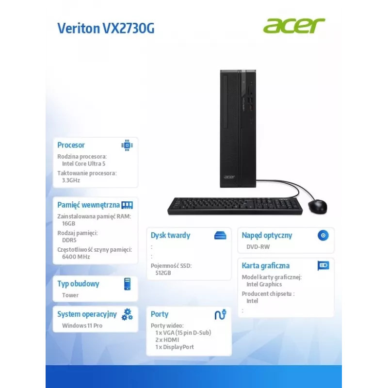 Desktop PC Acer Veriton VX2730G U5 225 with 16GB RAM and 512GB SSD, Windows 11 Pro