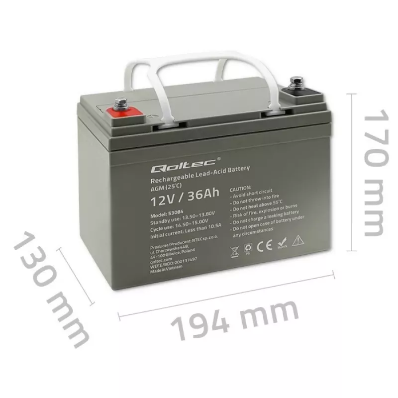 Sealed AGM UPS Battery QOLTEC 53084 12V 36Ah LongLife
