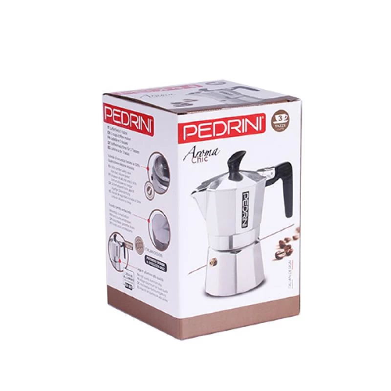 Coffee maker Pedrini 9083-3 — polished aluminum stovetop espresso maker, 3-cup, silver and black