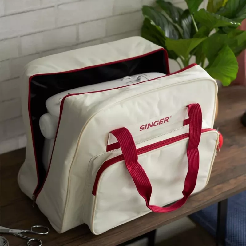 Carry Case SINGER 25010000204 portable sewing machine storage, cream and red, lightweight with handle