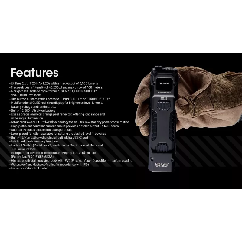 Hand flashlight Nitecore EDC29 stainless steel housing, 2 LEDs, 15–6500 lm, IP54, USB rechargeable