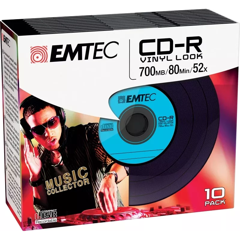 EMTEC Vinyl Look - 10 x CD-R - 700 MB (80 Min) 52x - Blue, Yellow, lilac, Green, pink - Slim Jewel Case