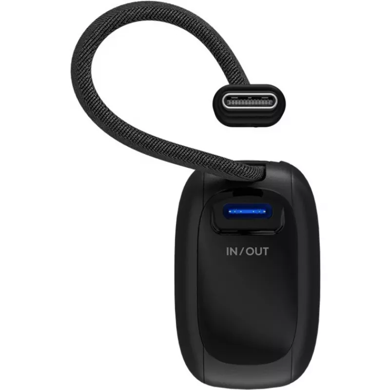 Powerbank 5.000 mAh, integrated USB-C cable 13cm, 20 Watt (black, 5 Ah, 1x USB-A, 1x USB-C, PD, QC)