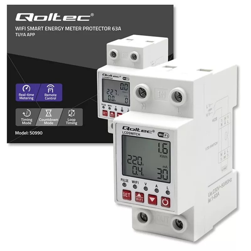 DIN-rail WiFi relay QOLTEC 50990, single-channel, 63A switching for electricity metering and remote control
