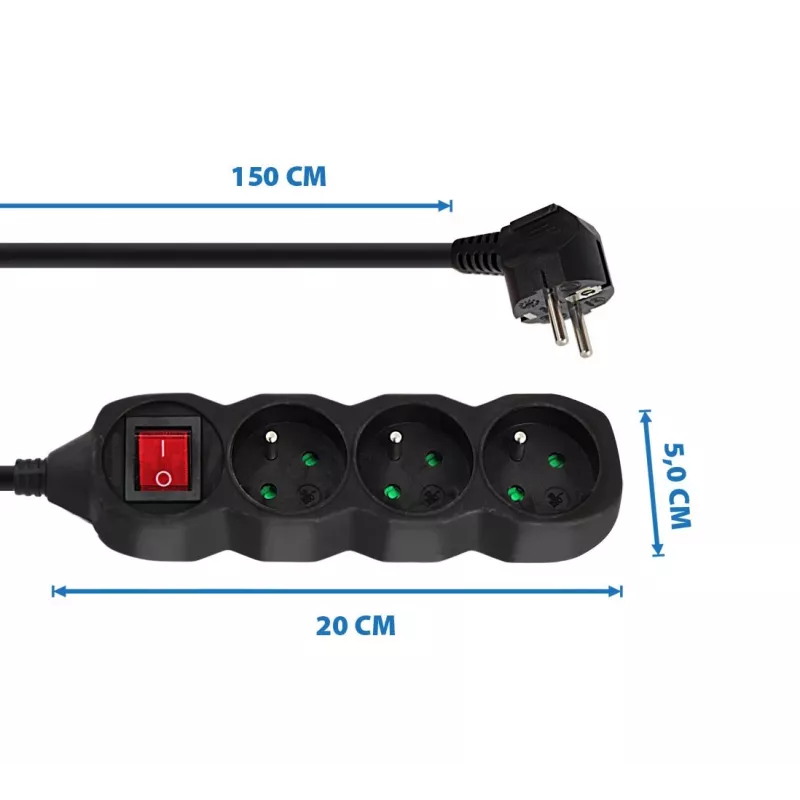 Power extension cord ESPERANZA ELK210K — 1.5 m cable, 3 Type E AC outlets, angled plug, indoor, black