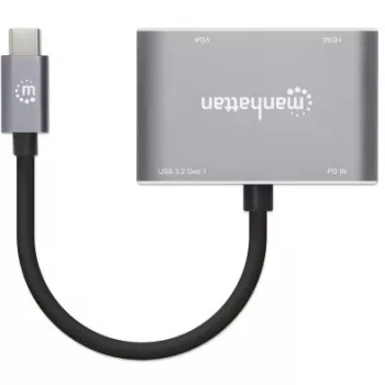 Manhattan USB-C Dock/Hub, Ports (x4): HDMI, USB-A, USB-C and VGA, with Power Delivery (PD) 87W- requires external USB-C charger (not included). USB powered (no external power supply required) when PD is not in use, Aluminium