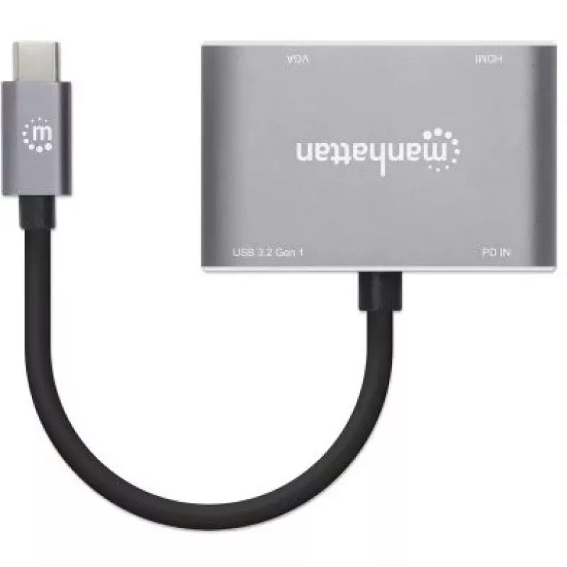 Manhattan USB-C Dock/Hub, Ports (x4): HDMI, USB-A, USB-C and VGA, with Power Delivery (PD) 87W- requires external USB-C charger (not included). USB powered (no external power supply required) when PD is not in use, Aluminium