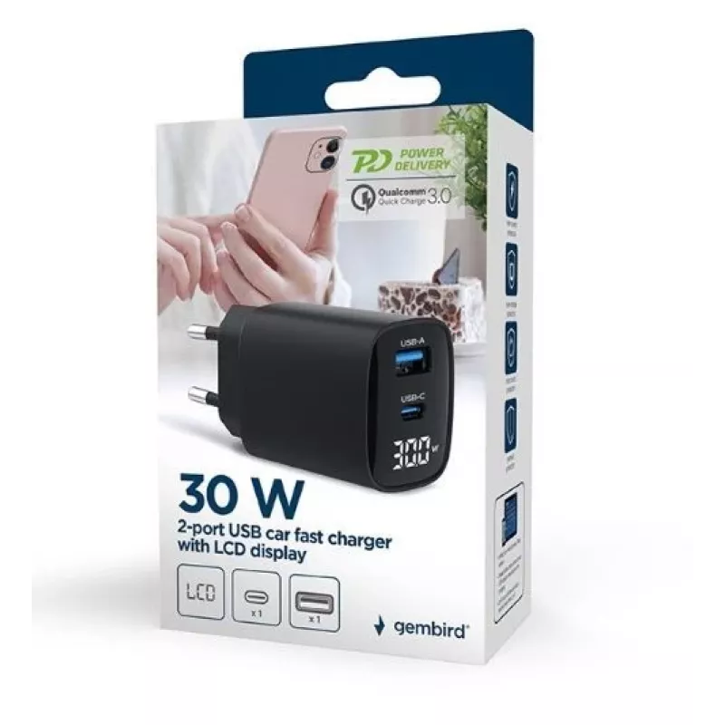 Mobile device charger Gembird TA-UC-PDQC30LCD-BK-01 Fast charging Black