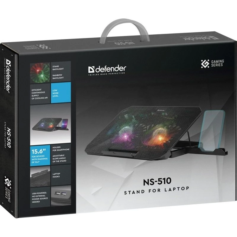 Notebook cooling pad DEFENDER NS-510 with 2 fans, 2×USB ports and RGB lighting