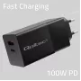 Qoltec 52382 GaN POWER PRO charger | 1xUSB type C | 1xUSB A | 100W | 5-20V | 1.5-5A | PD | Black