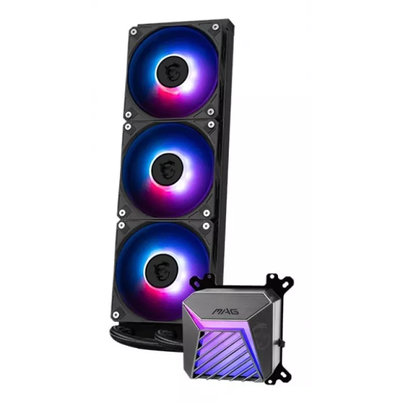 All-in-one liquid cooler MSI MAG Coreliquid A15 360 — 3x 120 mm fans, radiator 394 x 120 x 27 mm, pump 5V, RGB, supports LGA 1851
