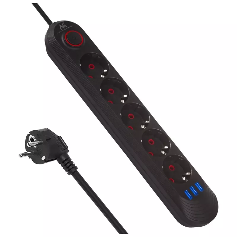 Power strip MACLEAN MCE395 B — 5 sockets, 3×USB, 110–240V AC, 2.1A USB, 2500W, 1.5 m cable, black