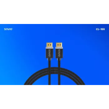DisplayPort cable SAVIO CL-166 2 m Black — DisplayPort 1.4, male-to-male, gold-plated contacts