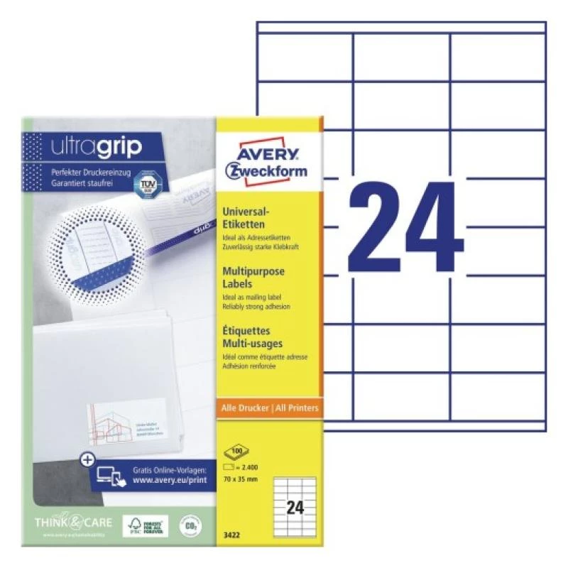Universal Labels 70x35mm InkjetLaserCopy A4 100 Sheets 2400 pc(s) White