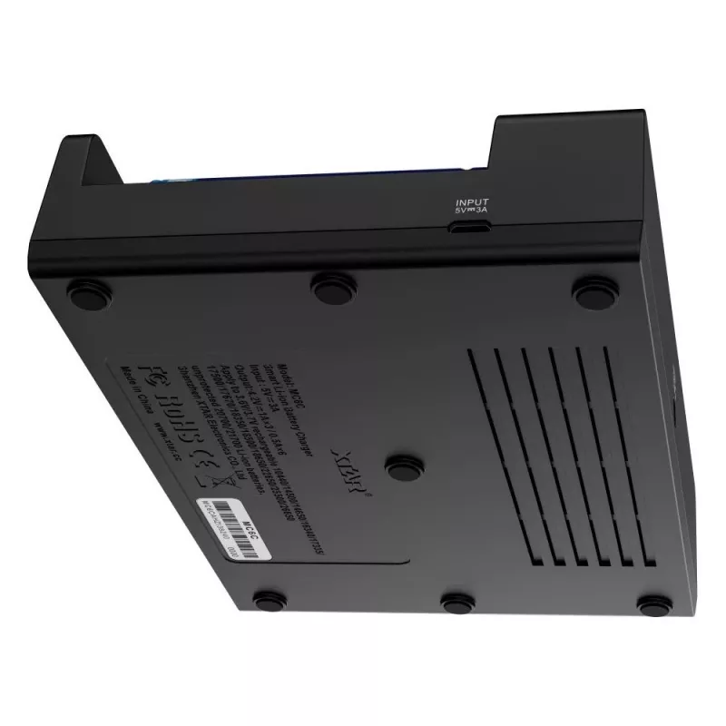 Battery charger XTAR MC6C multi-slot smart charger for cylindrical Li‑ion cells, 6‑bay, supports 18650/21700/AA, 5V input, black