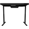 Dual-motor sit/stand adjustable-height gaming desk with built-in PC case, wireless charger, RGB lighting, control panel, and USB ports, tempered glass tabletop, black.