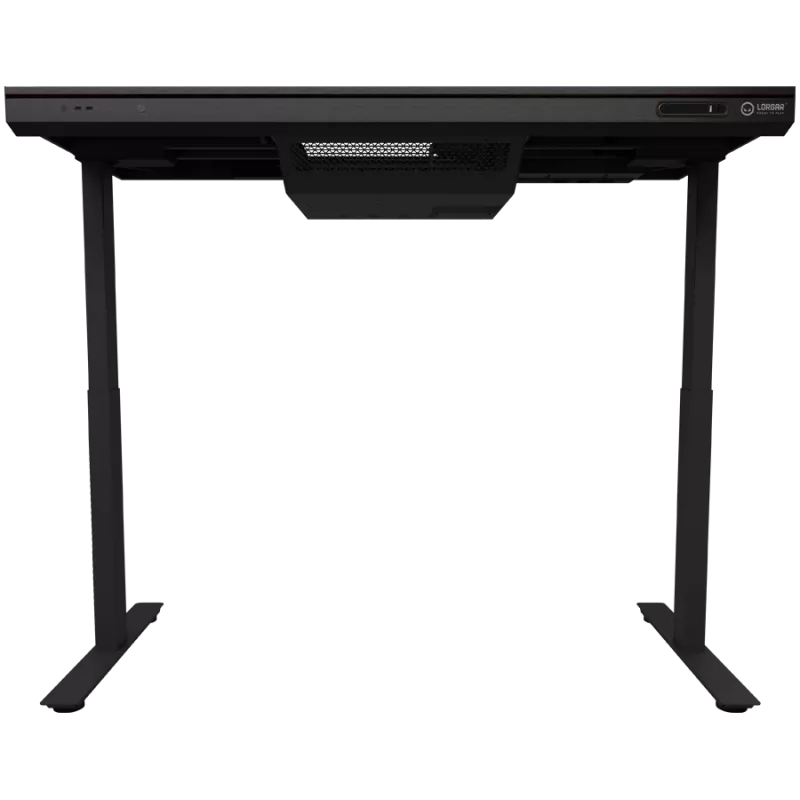 Dual-motor sit/stand adjustable-height gaming desk with built-in PC case, wireless charger, RGB lighting, control panel, and USB ports, tempered glass tabletop, black.