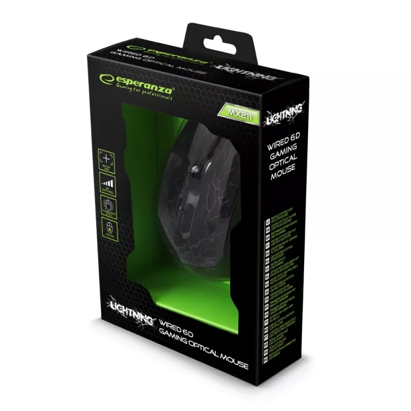 Esperanza MX211 LIGHTNING - Mouse - USB - Hiiri - Optinen - 6 Painiketta - Black