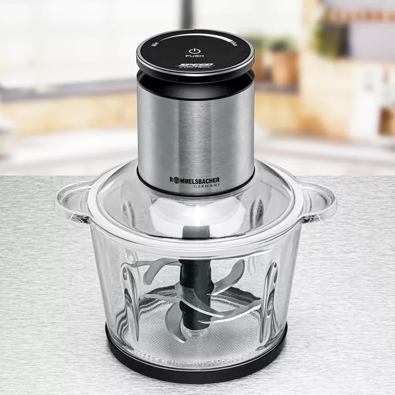 Electric food chopper Rommelsbacher MZ 800, 800 W, 2.7 L glass bowl, 9 stainless steel blades, 22-speed control, black stainless steel