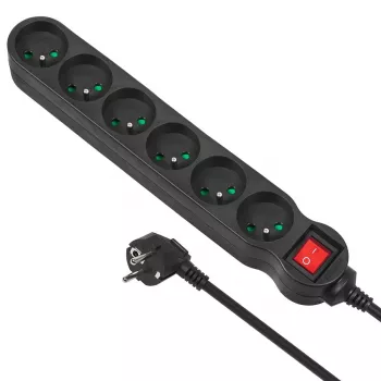 Power extension MACLEAN MCE225 — 1.5 m cable, 6 Type F AC outlets, indoor, black