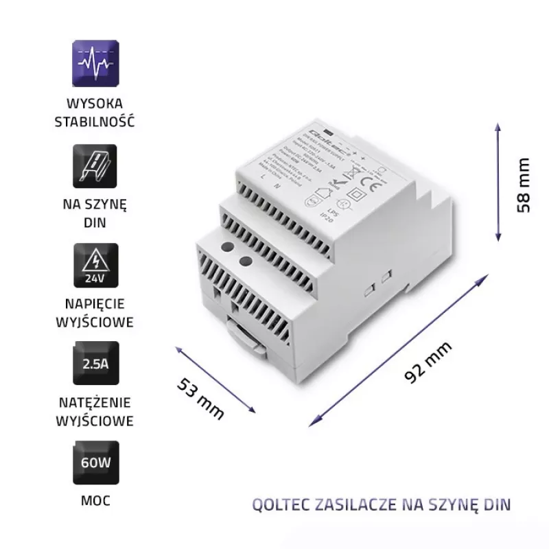 DIN rail power supply QOLTEC 24V 2.5A 60W gray