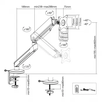 NanoRS Gaming Monitor Mount 17-32 with RGB LED Lighting Desk Mount Height Adjustable Swivel Tilt Max. 9kg VESA 75x75 / 100x100