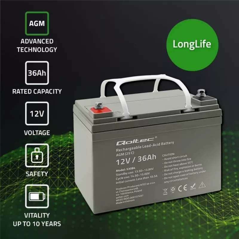 Sealed AGM UPS Battery QOLTEC 53084 12V 36Ah LongLife