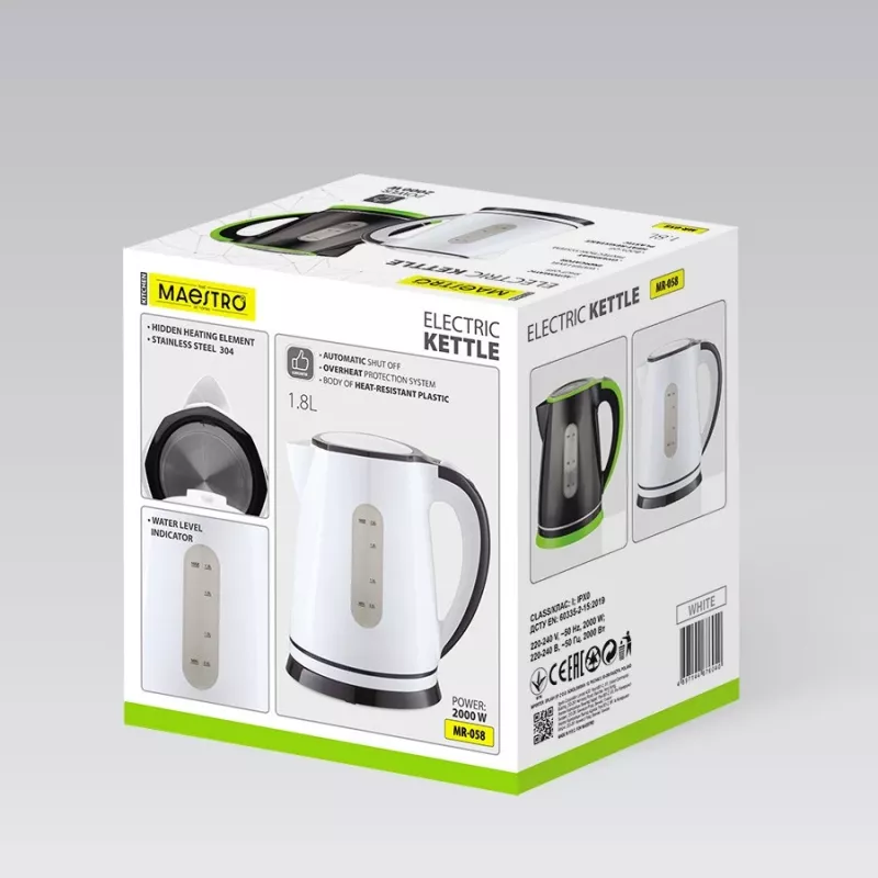 Electric kettle Maestro MR-058-WHITE 1.8 L, 2000 W, cordless, removable filter