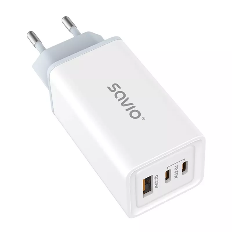 SAVIO LA-07 GaN 65W mains charger, USB, QC4.0+, PD 3.0, White