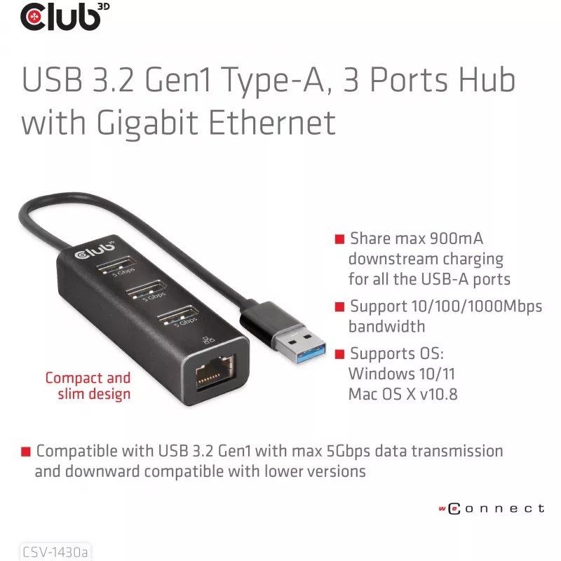 USB Hub CLUB3D USB 3.2 Gen1 Type-A 3 Ports with Gigabit Ethernet