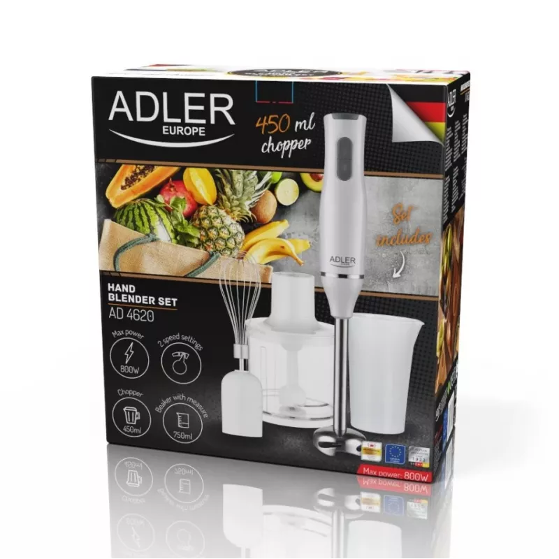 Adler AD 4620 Hand Blender Set, 800 W, 2 Speeds, 450 ml Chopper, 750 ml Beaker, Whisk, White