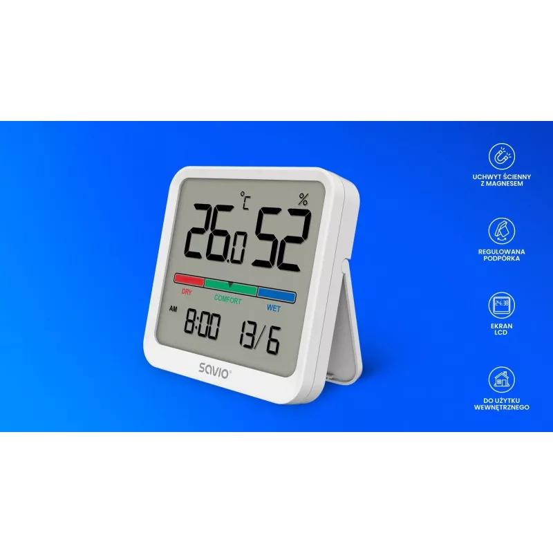 Indoor temperature and humidity sensor SAVIO CT-01/W, LCD display, -10–55°C, 10–99%RH, battery CR2032