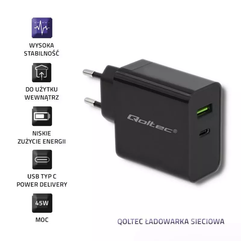 Power adapter QOLTEC 51717 45W 20V 3A AC indoor charger for smartwatch, black