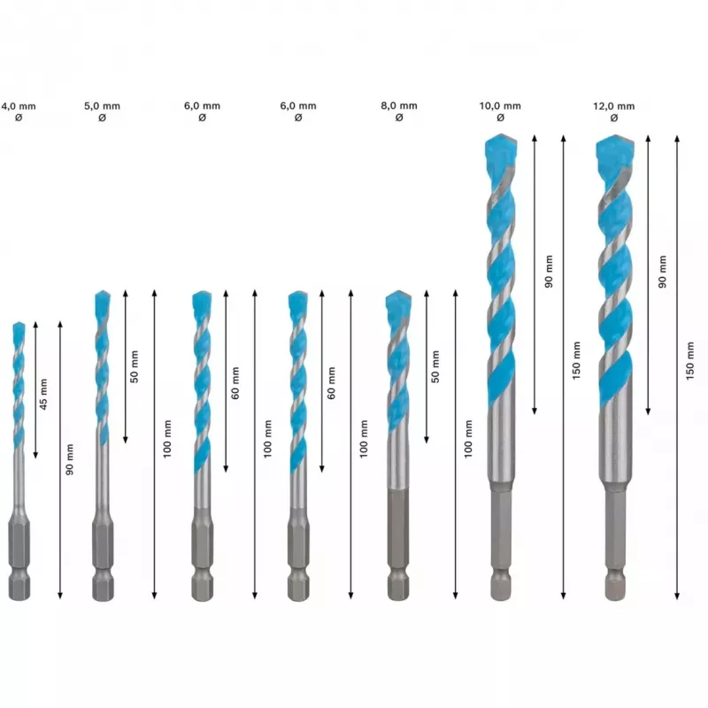 Drill Bit Set Bosch Expert HEX-9, 7 pieces, sizes 4–12 mm, HEX-9 shank