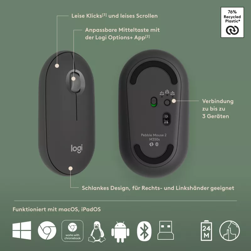 Logitech Pebble 2 Combo Wireless Keyboard Mouse QWERTZ German Graphite