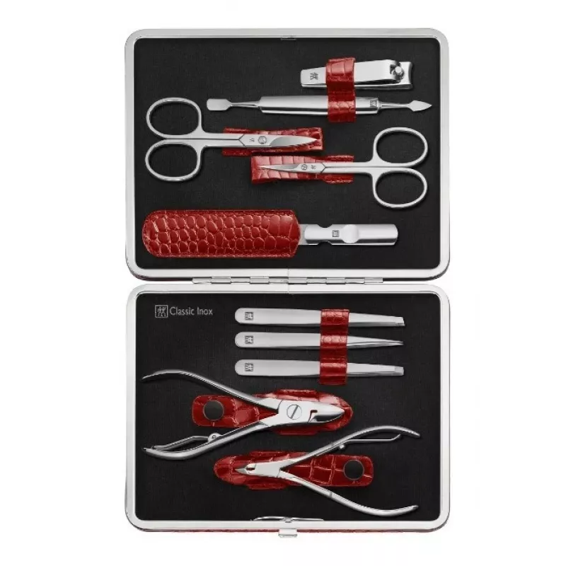 Zwilling Classic Stainless Steel Manicure Set – Leather Case, 10 Pieces - Red
