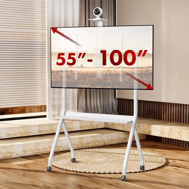 Floor TV stand MACLEAN MC-114 W for displays 55 inch–100 inch, white, VESA up to 900x600, max load 120 kg, height 115–152 cm, shelf