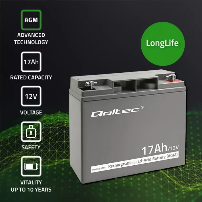 Qoltec 53046 AGM battery 12 V 17 Ah, max 255 A