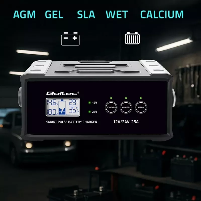 Battery charger QOLTEC 52514 — 12V/24V, 25A, for AGM/GEL/SLA batteries with LCD display