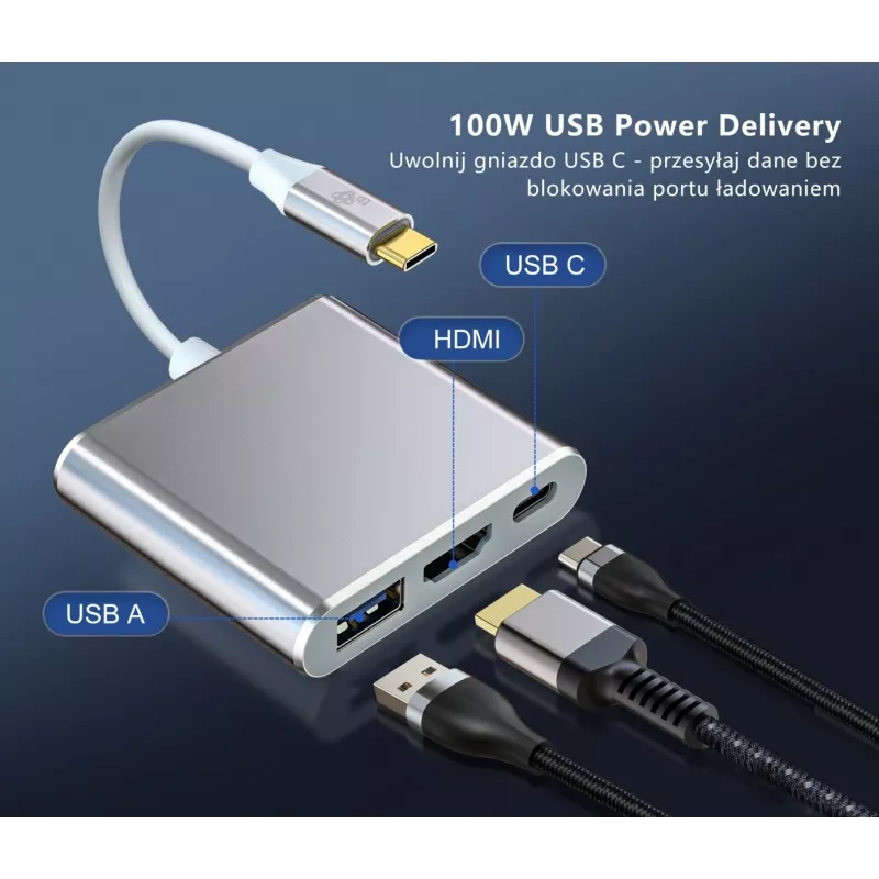 USB C Adapter Hub TB AKTBXVAU3HMPDAV — 3-in-1: HDMI + USB-A + USB-C PD, Silver
