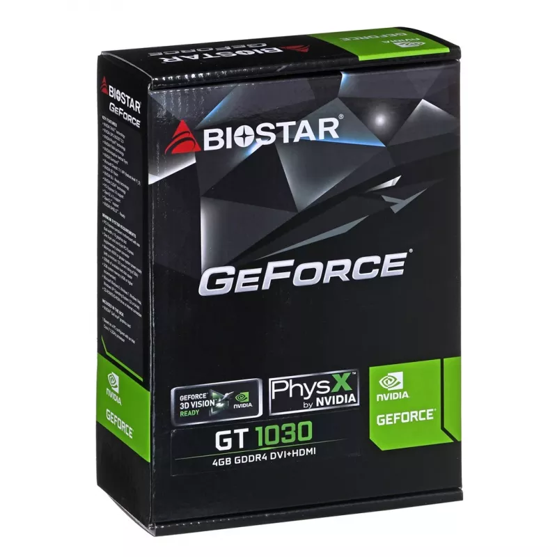 Graphics card BIOSTAR GeForce GT 1030 — 4 GB GDDR4, 64-bit, PCIe x16 4.0, Active cooling, DVI-D + HDMI