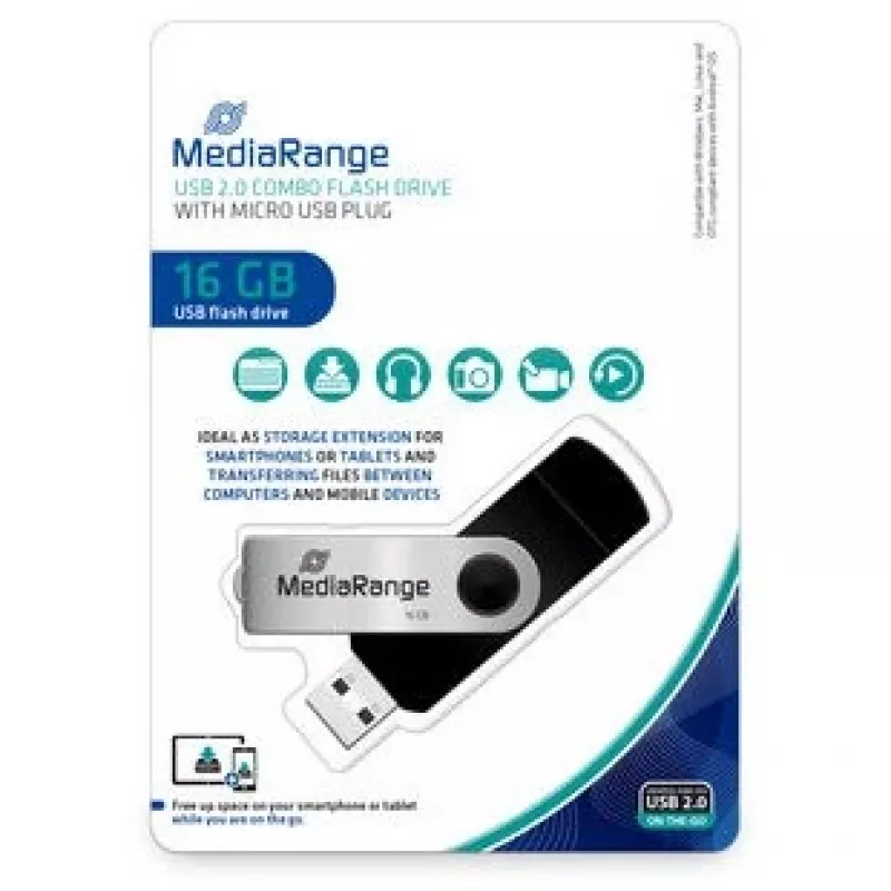 MEDIARANGE MR931-2 - 16 GB - USB Type-A / Micro-USB - 2.0 - 15 MB/s - swivel ring - Silver - Black