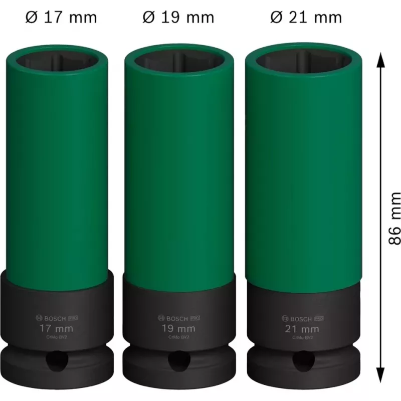 Impact socket set Bosch PRO 1/2 inch, 3-piece, deep sockets with rim protection