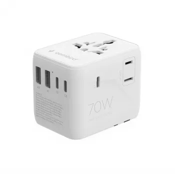 Travel adapter GEMBIRD TPA-2A3C70-01-W — Type I plug, 3× USB-C (70W), 2× USB-A (18W), 100–250V, white