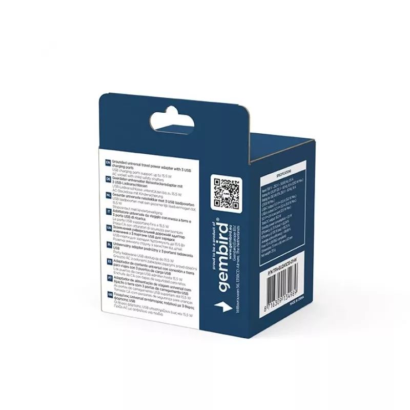 Travel adapter GEMBIRD TPA-EU2A1C15-01-W — 15W, Type E plug, 2× USB-A + 1× USB-C, 100–250V