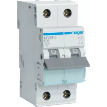 Hager MCN516. Number of Poles: 2P. AC Input Frequency: 50/60 Hz, Nominal Current Output: 16 A. Width: 35 mm, Depth: 70 mm, Height: 83 mm (MCN516)
