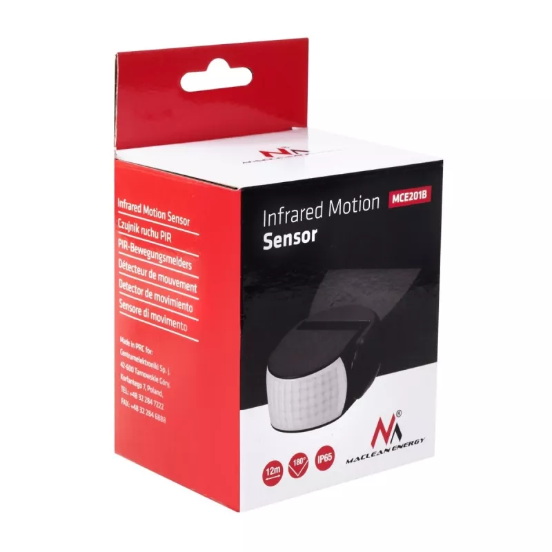 Passive infrared (PIR) motion detector MACLEAN MCE201B — wired wall sensor, 12 m range, black