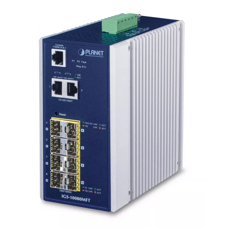 Managed network switch PLANET IGS-10080MFT — 2 x Gigabit RJ-45, 8 x SFP, 12–48V DC, Managed, IP30
