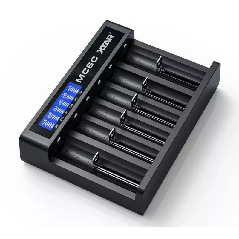 Battery charger XTAR MC6C multi-slot smart charger for cylindrical Li‑ion cells, 6‑bay, supports 18650/21700/AA, 5V input, black